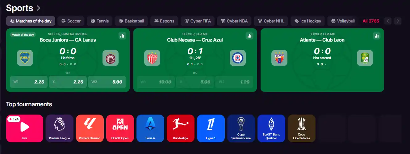 واجهة CHEXX الفعلية لقسمي Sports وEsports مع أسواق المباريات